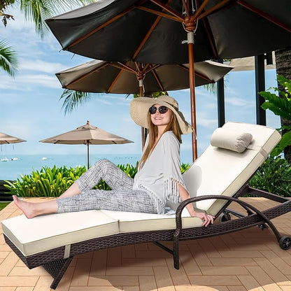 NOBLEMOOD Outdoor Lounge Chairs Set of 2 Wicker Chaise Lounge with Wheels, Cushion, Adjustable Backrest for Outside Pool Sun Shelf Tanning Bathing (Khaki)