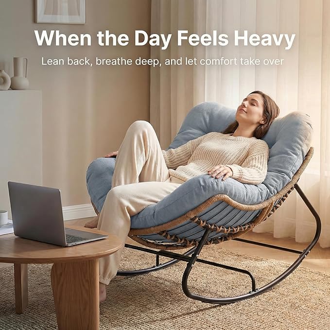Oversized Papasan Rocking Chair Outdoor, Comfy Wicker Patio Papasan Egg Rocker with Thick Cushion for 450 lbs - Photo 3