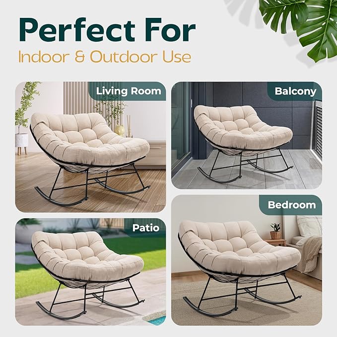 Bme Patio Rocking Chair Outdoor & Indoor, Metal Patio Lounge Rocking Chair with Thick Cushion, Comfy Modern Rocker Chair for Living Room, Porch, Backyard, Beige Cushion - Black Matte Rocker