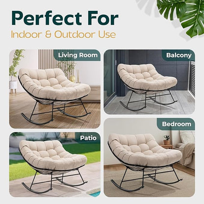 Bme Patio Rocking Chair Outdoor & Indoor, Metal Patio Lounge Rocking Chair with Thick Cushion, Comfy Modern Rocker Chair for Living Room, Porch, Backyard, Beige Cushion - Black Matte Rocker