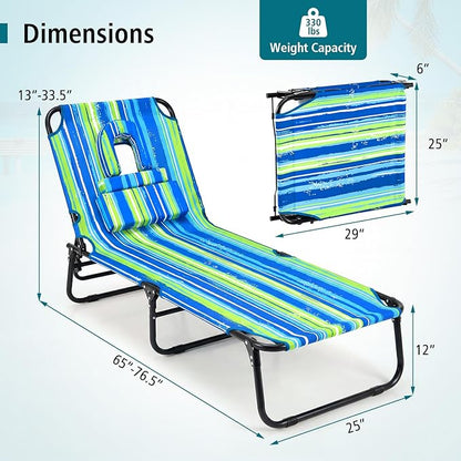 GYMAX Tanning Chair, Folding Lounge Chairs with Face Hole & Cover, Removable Pillow Carry Handle, Portable Compact Outdoor Layout Recliner for Beach, Poolside, Lawn, Patio, Camping (Blue Stripe,1)