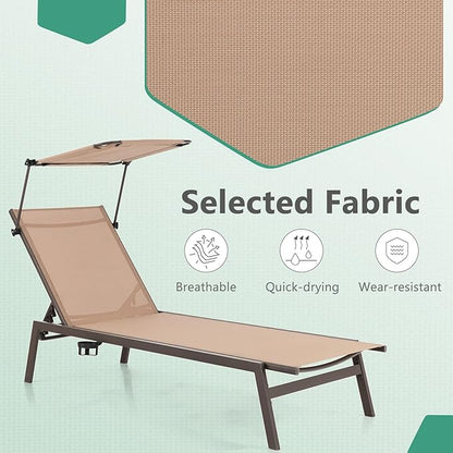 Giantex Outdoor Chaise Lounge Chair with Sunshade, 6 Adjustable Position, Sturdy Metal Frame, Cup Holder, Outside Tanning Chair for Poolside, Backyard Sunbathing (2, Brown)