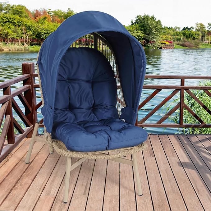 Athena Collection Patio Wicker Egg Chair with Folding Canopy, All-Weather Rattan Patio Lounge Chair with Sun Shade - Photo 2