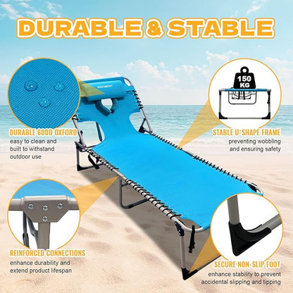 Backpack Sun Tanning Chair with Face Hole & Beach Table, 5-Position Adjustable Folding Lounge Chair Outdoor for Lawn Patio Garden