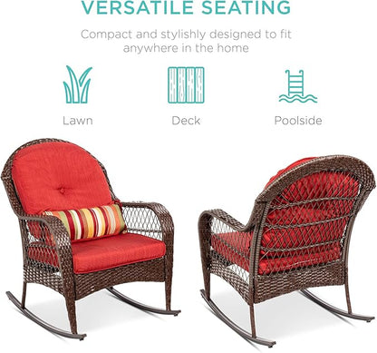 Best Choice Products Outdoor Wicker Patio Rocking Chair for Porch, Deck, Poolside w/Steel Frame, Weather-Resistant Cushions - Red