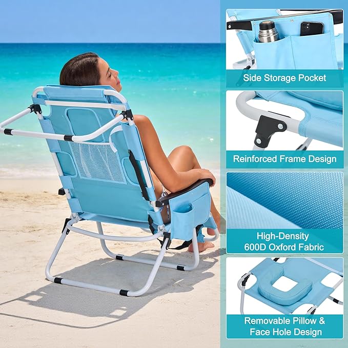 MOPHOTO Oversized Beach Lounge Chair, 5-Position Adjustable Tanning Chair with Face Hole, Heavy Duty Folding Chaise Lounge for Beach, Pool, Patio & Sunbathing