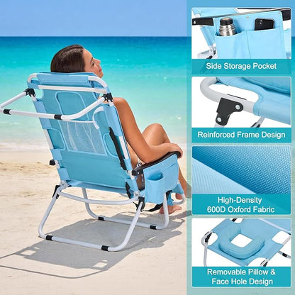 MOPHOTO Oversized Beach Lounge Chair, 5-Position Adjustable Tanning Chair with Face Hole, Heavy Duty Folding Chaise Lounge for Beach, Pool, Patio & Sunbathing