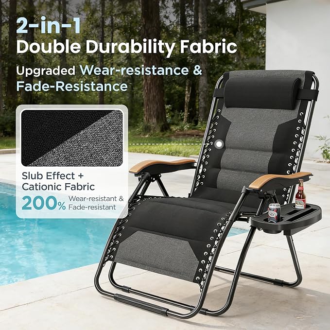 PHI VILLA XXL Oversized Padded Zero Gravity Chair, Foldable Patio Recliner, 30" Wide Seat Anti Gravity Lounger with Cup Holder, Support 400 LBS (Black)