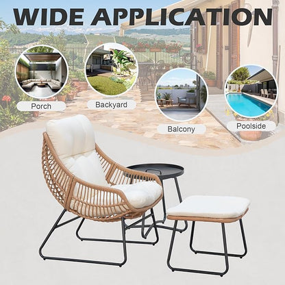 Outdoor Wicker Papasan Egg Chair with Ottoman, Patio Basket Lounge Chair Indoor Egg-Shaped Rattan Reading Lounger with Thick Cushion and Table for Living Room Bedroom Balcony Porch, Beige