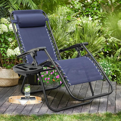 Flamaker Patio Zero Gravity Chair Outdoor Folding Lounge Chair Recliners Adjustable Lawn Lounge Chair with Pillow for Poolside, Yard and Camping (Deep Blue)