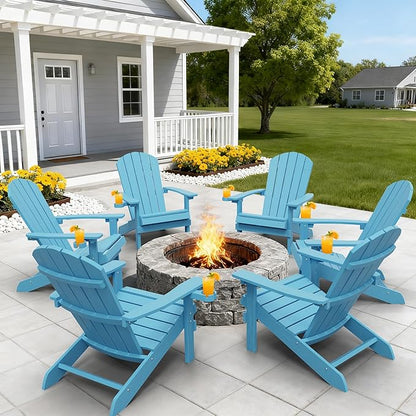 YEFU Adirondack Chairs with Cup Holders: Set of 6 Fire Pit Chairs Plastic with Wood Texture - Sturdy All-Weather HIPS for Patio Backyard Lawn - Easy Assembly Outdoor Furniture(Blue)