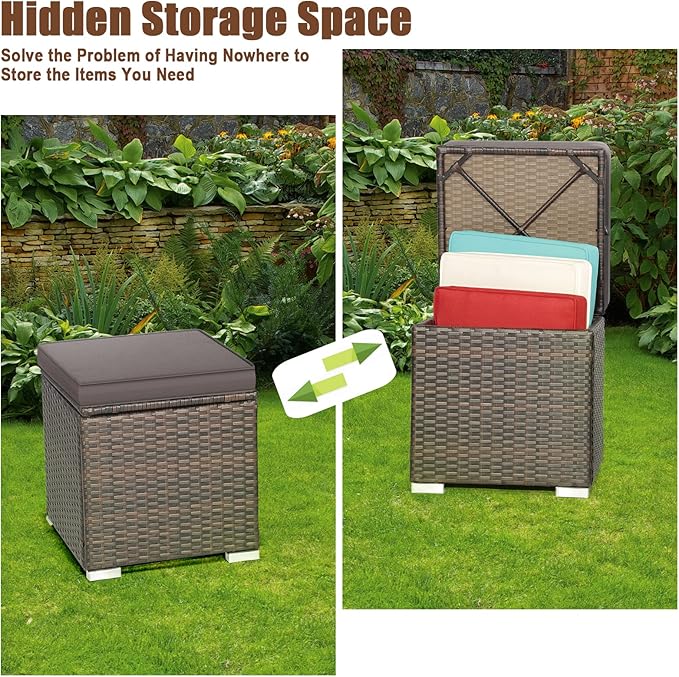 RELAX4LIFE Wicker Outdoor Storage Ottoman, 2-Piece Rattan Footstool w/Removable Cushion - Photo 6