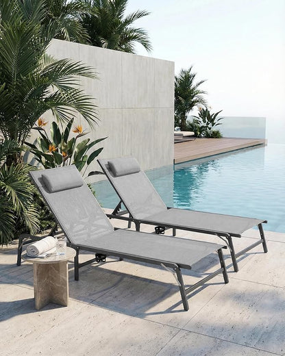 Foldable Chaise Lounge Chair with Cup Holder, Assemble-Free Outdoor Lounge Chair with Detachable Pillow and 6 Adjustable Backrest, Patio Lounge Chair for Outside Poolside Beach Pool, Grey