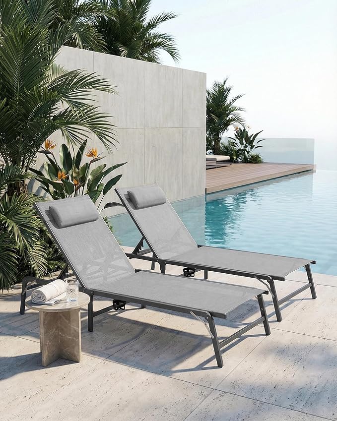 4 Pack Foldable Chaise Lounge Chair with Cup Holder - Photo 2