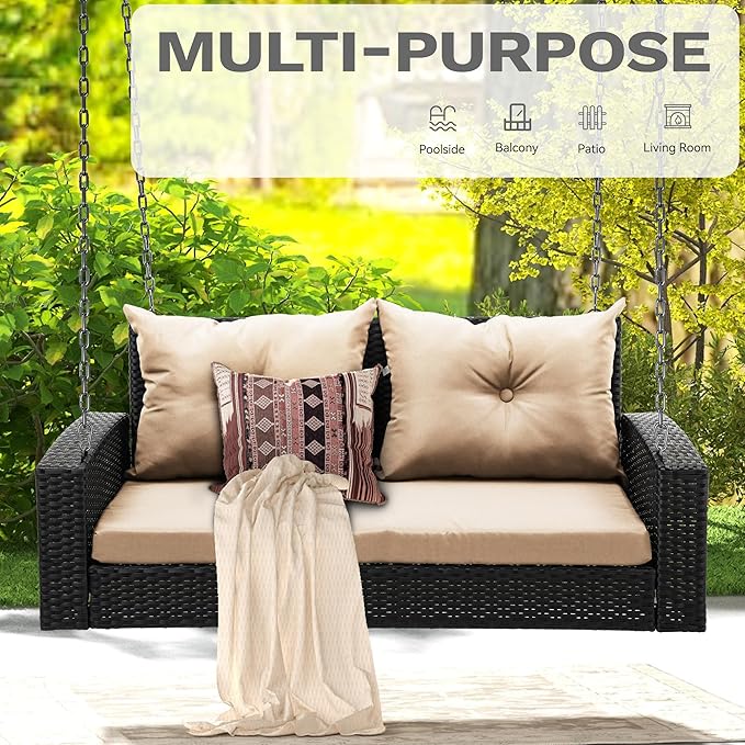 DWVO Hanging Porch Swing Chair Outdoor Wicker Rattan Patio Swing Lounge 2 Seats Cushions Capacity 530lbs for Balcony - Photo 2