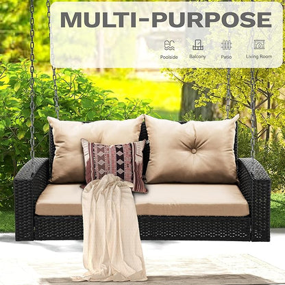 DWVO Hanging Porch Swing Chair Outdoor Wicker Rattan Patio Swing Lounge 2 Seats Cushions Capacity 530lbs for Balcony, Garden, Living Room, Brown Rattan Light Brown Cushion