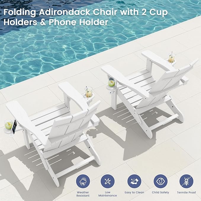 SERWALL Modern Folding Adirondack Chair with Cup Holders, All Weather Resistant Outdoor Adirondack Chair - Photo 6