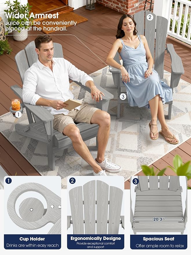 KINGYES Folding Adirondack Chair, HDPE All-Weather Patio Chairs with Cup Holder - Photo 7