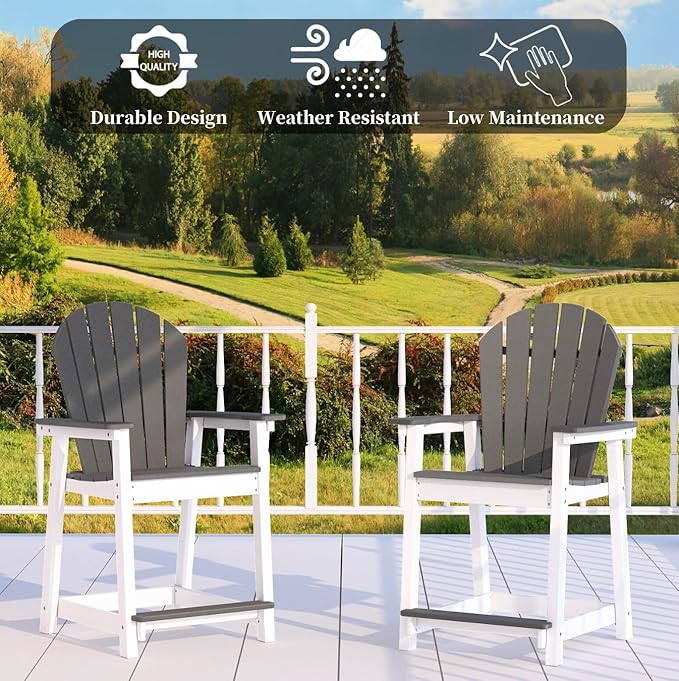 Outdoor Tall Adirondack Chair, HDPE Weather Resistant Outdoor Chair for Garden, Perfect for High Top Table & Chairs on Your Balcony, Capacity 400LBS, Grey