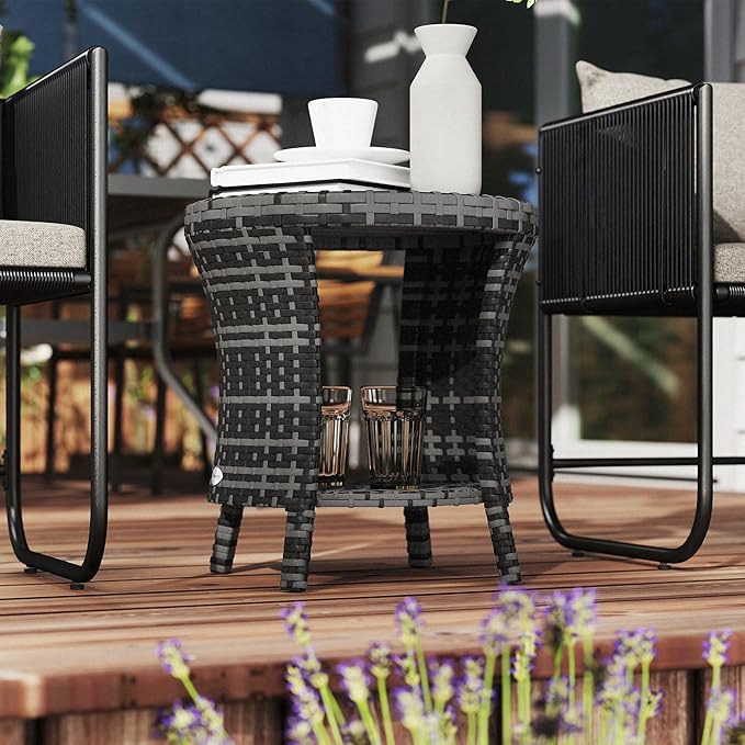 Outsunny 18" Outdoor Wicker Coffee Table, 2-Tier Patio Side Table with Storage, PE Rattan Outdoor Coffee Table with Composite Wood Top, Steel Frame for Garden Backyard Balcony, Gray