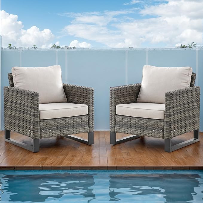Rilyson Wicker Outdoor Patio Chairs Set of 2-2 Piece Rattan Chairs with Waterproof Wicker,Comfortable Cushions and Sturdy Metal Frame for Outside Porch Deck Backyard(Mixed Grey/Beige)