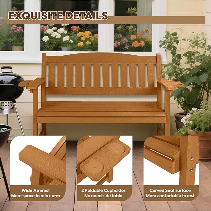 2-Person HIPS Outdoor Bench, Weatherproof Garden Bench with 800 lbs Weight Capacity, Artificial Wood Grains, Never Rot or Fade, Patio Benches for Garden, Porch, Balcony, Backyard, Brown
