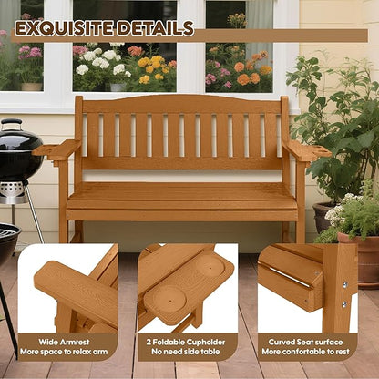 2-Person HIPS Outdoor Bench, Weatherproof Garden Bench with 800 lbs Weight Capacity, Artificial Wood Grains, Never Rot or Fade, Patio Benches for Garden, Porch, Balcony, Backyard, Brown