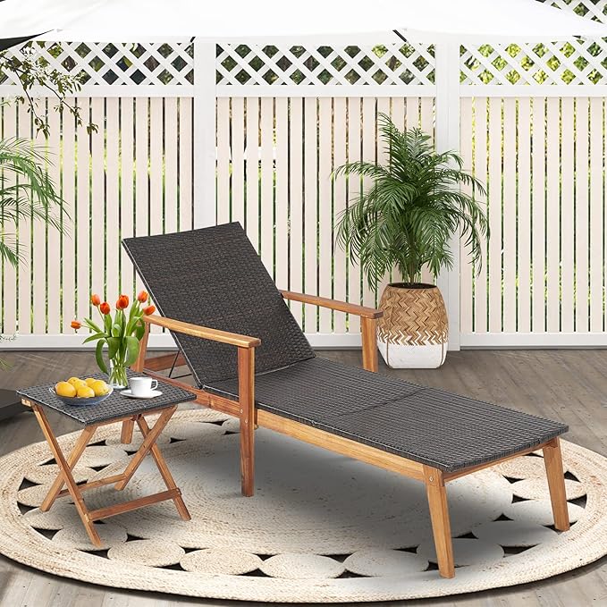 COSTWAY Patio Rattan Chaise Lounge Chair Recliner Back Adjustable Acacia Wood Garden - Photo 4