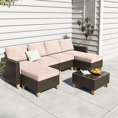 Grand patio Sofa Sets Outdoor Furniture Sets, Wicker Patio Furniture 7-Piece Sectional Sofa with Thick Olefin Cushions for Yard Garden Porch for Six (Beige Sofa Set for Six, 7 PCS)