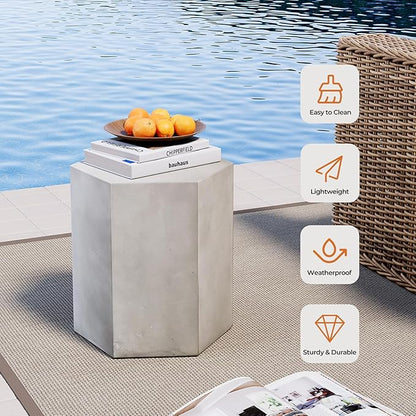 HOMPUS Concrete Side Table, Hexagon Outdoor Side Table, Modular Design Accent Table, Indoor Patio End Tables, Light Grey Home Décor for Living Room, Bedroom or Backyard (14.5" L x 12.5" W x16 H)