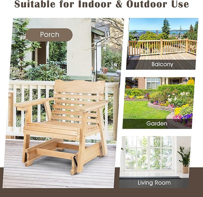 Giantex Outdoor Glider Rocking Chair - Wood Porch Rocker with High Back, Widened Armrests, Curved Seat, Rotatable Cup Holder, Patio Slat Rocking Chair for Backyard, Balcony, Poolside, Natural