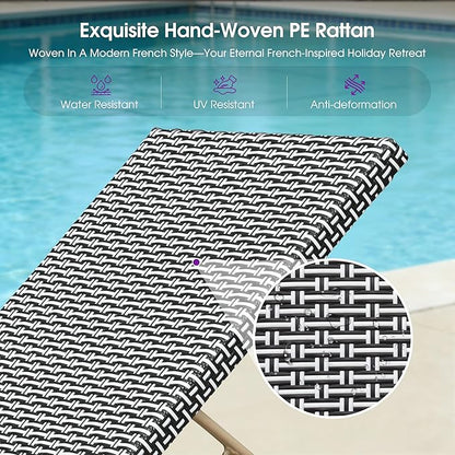 PURPLE LEAF Extra Large Patio Chaise Lounge 2 Pieces French Outdoor Wicker Lounger Matte White Aluminum Frame 771LBS Capacity PE Rattan Adjustable Backrest for Pool Garden Beach Backyard Black