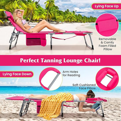 GYMAX Tanning Chair, 330LBS Beach Lounge Chair with Face Arm Hole & Hand Shoulder Strap, Folding Layout Sunbathing Chair, Face Down Outdoor Chaise Lounger for Patio, Poolside, Lawn, Backyard (2, Pink)