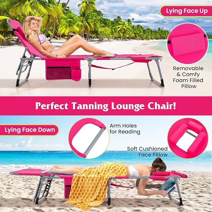Tangkula Tanning Chair, Outdoor Folding Beach Lounge Chair with Face Hole, Adjustable Footrest, Removable Pillow - Photo 4