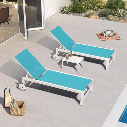 PURPLE LEAF Outdoor Lounge Chairs Set of 2 White Aluminum Chaise Lounge Chair Five-Position Adjustable Chaise Lounges with Wheels and Table for Pool Deck Patio, Turquoise