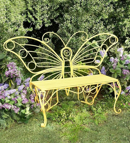 Plow & Hearth Weatherproof Butterfly Outdoor Bench | Holds Up to 300 lbs | Garden Patio Porch Park Deck | Metal | Yellow