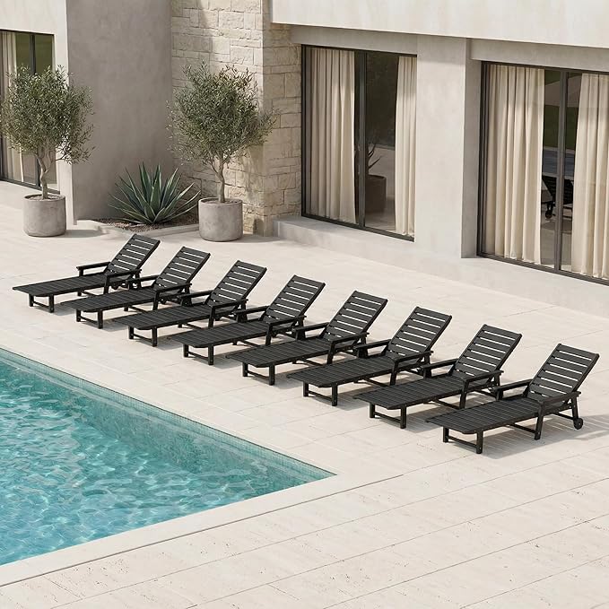 Adjustable Lounge Chair Outdoor Set of 8, HDPE Outdoor Chaise Lounge with Cup Holder & Wheels, Pool Lounge Chairs for Poolside, Backyard Pool, Patio, Beach, Deck, (Black)