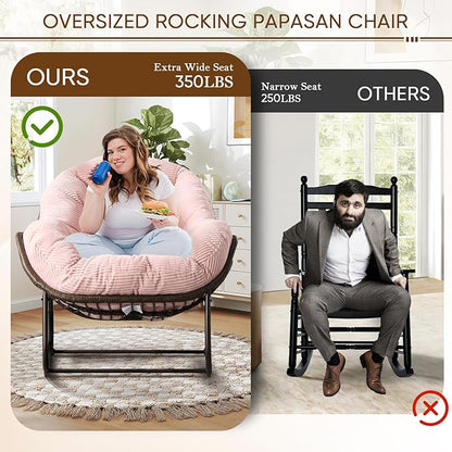 SLEERWAY Large Indoor Rocking Chair Set of 2, Oversized Rocking Papasan Chair with Thick Cushion and Frame, Comfy Corduroy Rocker Wicker Egg Chairs Lounge Reading Chair for Living Room, Bedroom, Pink