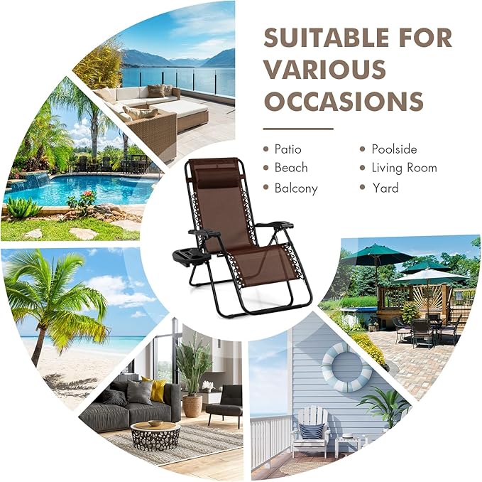 Giantex 2 PCS Zero Gravity Chair, Outdoor Chaise Lounge with Cup Holder - Photo 9