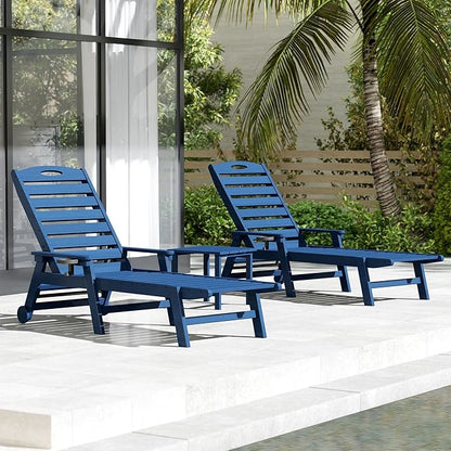 Domi Pool Lounge Chairs Set of 2 with Table, HDPE Outdoor Chaise Lounge Chairs for Outside, Pool Loungers for Poolside, Patio, Sunbathing Tanning, Blue