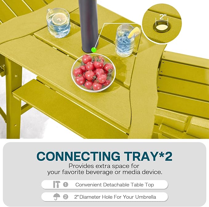 Tall Adirondack Chairs Set of 2, HDPE Balcony Chair with Double Connecting Tray, Weather Resistant Outdoor Adirondack Bar Stools for Patio, Deck, Patio, Backyard, Balcony. (Yellow)