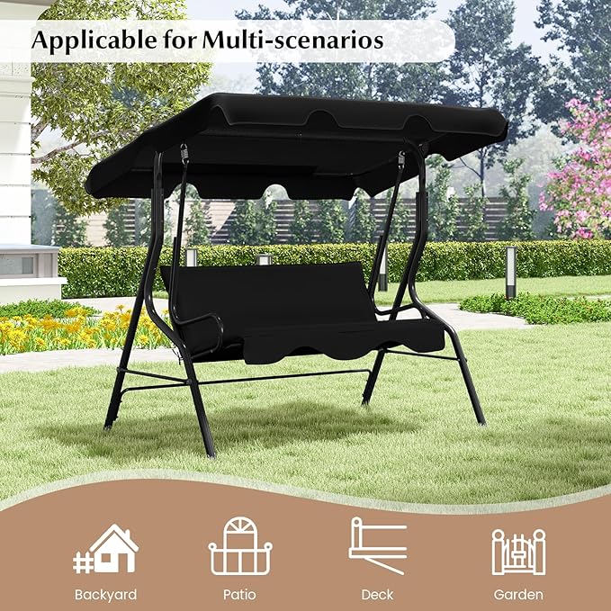 RELAX4LIFE 3-Person Porch Swing Chair - Outdoor Swing w/Adjustable Canopy, Removable Cushion & Metal Frame Stand - Photo 9