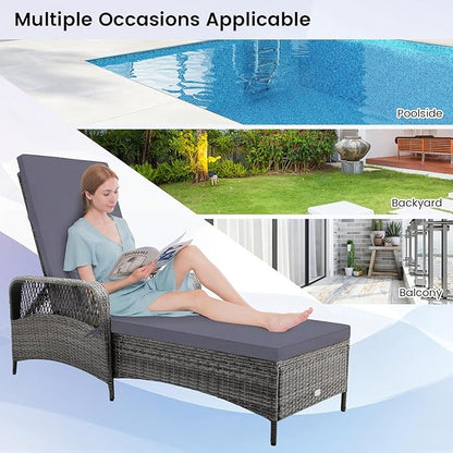 HAPPYGRILL Patio Rattan Chaise Lounge, Outdoor PE Wicker Sun Lounger with Adjustable Backrest, Cushion & Pillow, Reclining Sunbed for Balcony Poolside Yard (Mix Gray & Gray)