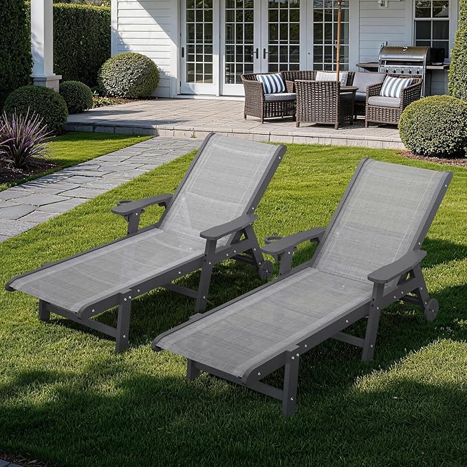Outdoor Chaise Lounge Chair Set of 2, 5-Position Adjustable Pool Lounge Chair with Wheels & Cup Holder - Photo 2