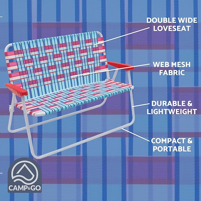 Camp & GO 16.5" High Seat Outdoor Double Wide Loveseat Web Folding Chair, Blue/Red - Photo 3