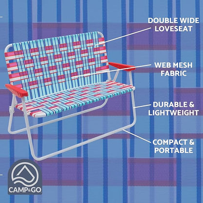 Camp & GO 16.5" High Seat Outdoor Double Wide Loveseat Web Folding Chair, Blue/Red