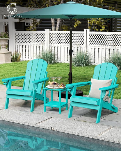 GREENVINES Folding-Adirondack-Chairs-Set-of-4 | HDPE All-Weather | Firepit Chair | Cup Holder | Aqua | for Campfire Deck Backyard Patio Outdoor Poolside Lawn