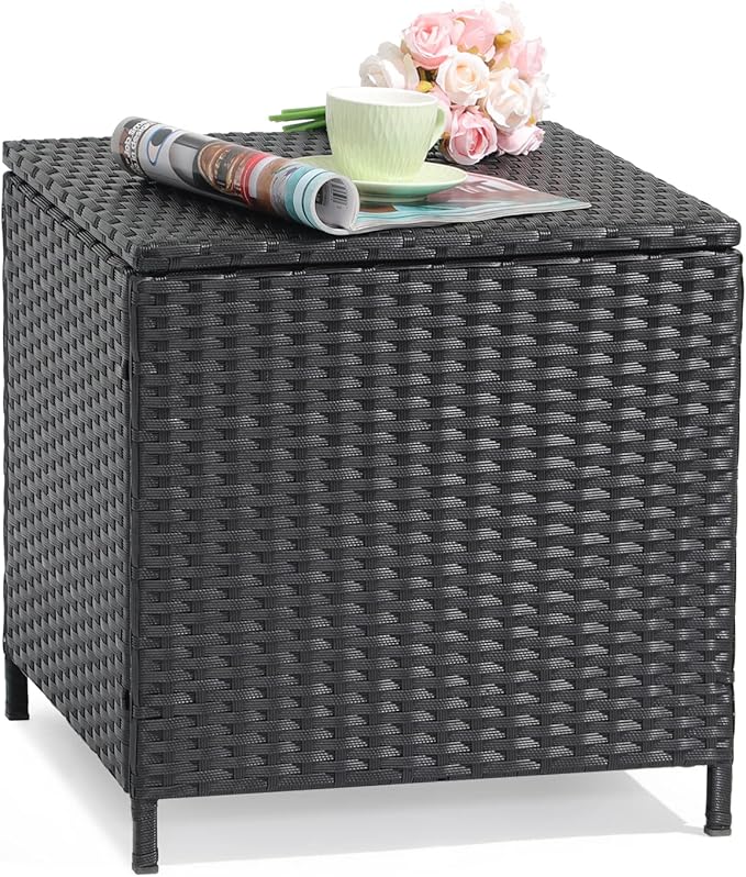Verano Garden Outdoor Wicker Side Table, Small Storage Rattan Wicker End Table, Square Resin Coffee Table for Garden Porch Deck Living Room Backyard (Black)