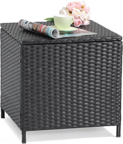 Verano Garden Outdoor Wicker Side Table, Small Storage Rattan Wicker End Table, Square Resin Coffee Table for Garden Porch Deck Living Room Backyard (Black)
