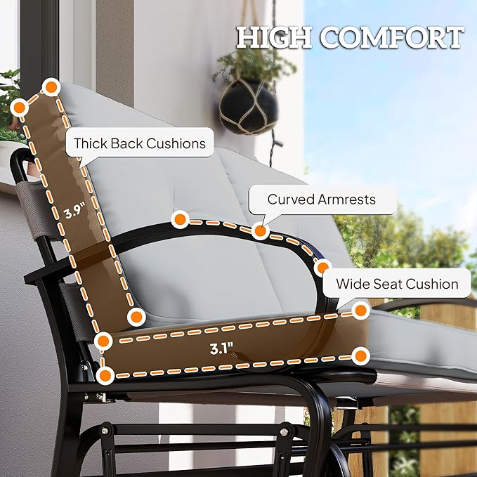 Outsunny Outdoor Glider Bench, 2-Person Patio Rocker Loveseat with Tufted Cushions, Steel Frame for Porch, Garden Backyard, Gray